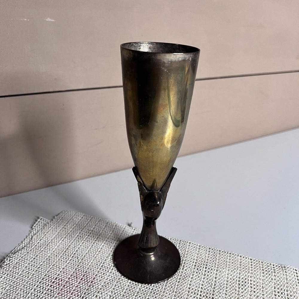 Godinger Silver Plated Bird Stem Champagne Flute India Vintage Heavy Tarnish 8.5